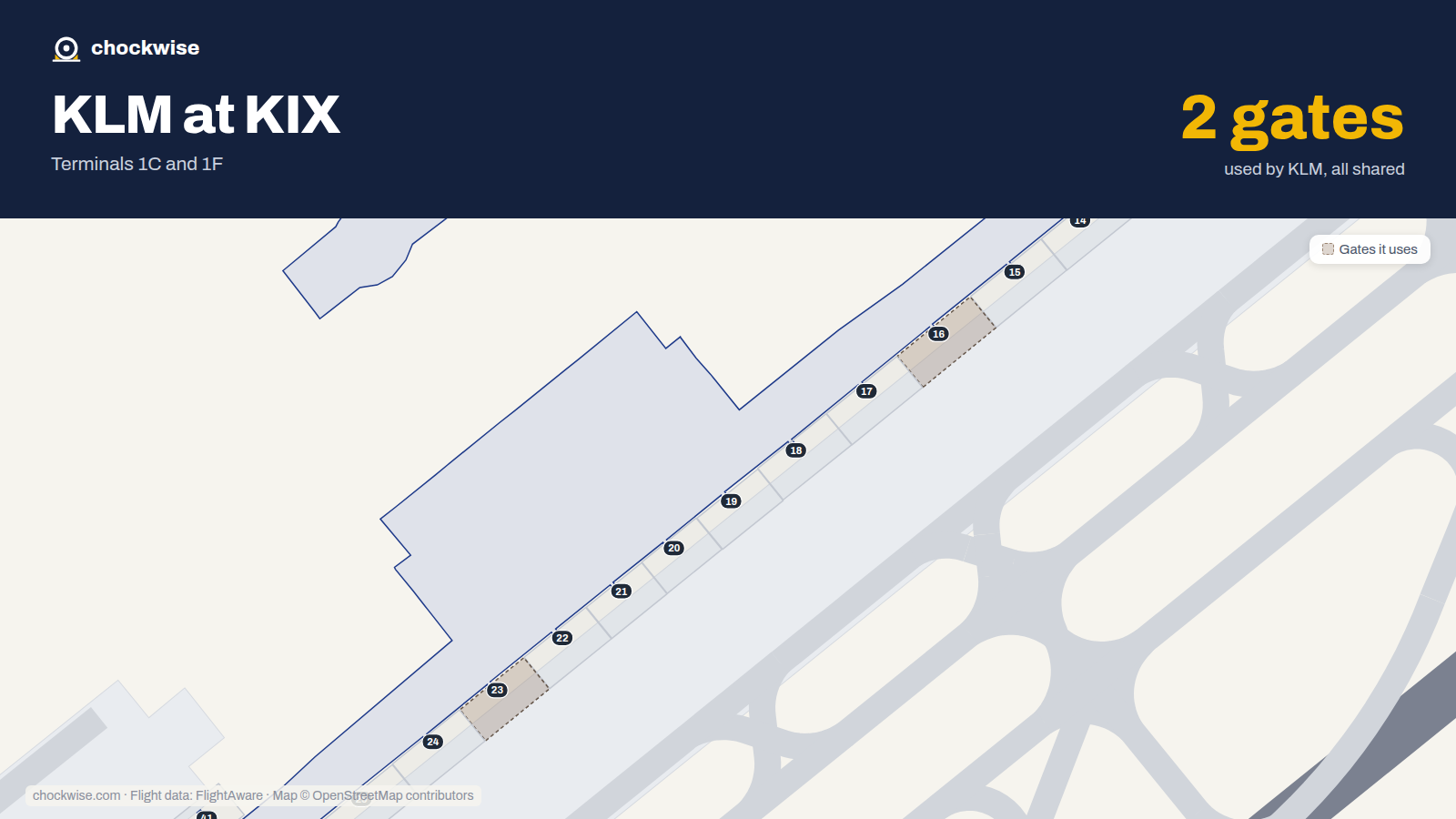 Map of KIX with the gates KLM uses highlighted: 16 and 23.