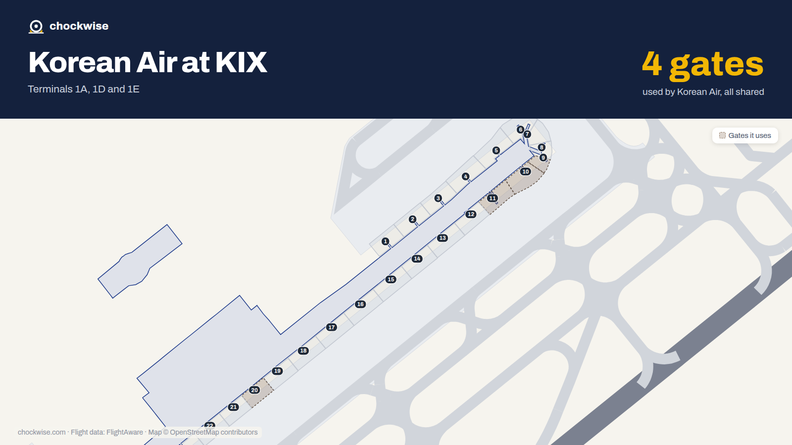 Map of KIX with the gates Korean Air uses highlighted: 9, 10, 11 and 20.