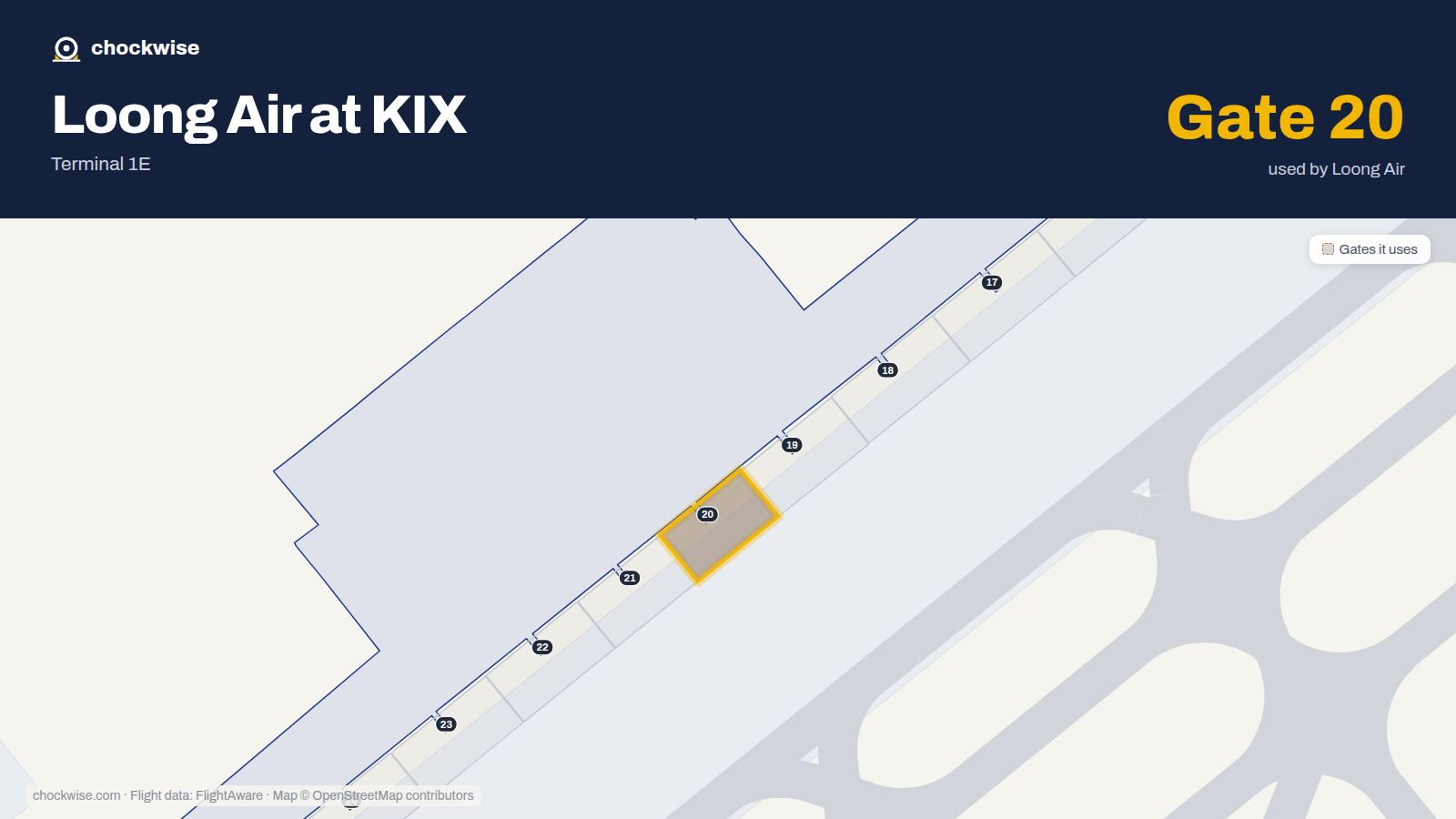 Map of KIX with the gates Loong Air uses highlighted: 20.
