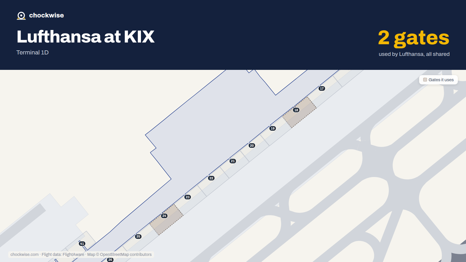 Map of KIX with the gates Lufthansa uses highlighted: 18 and 24.