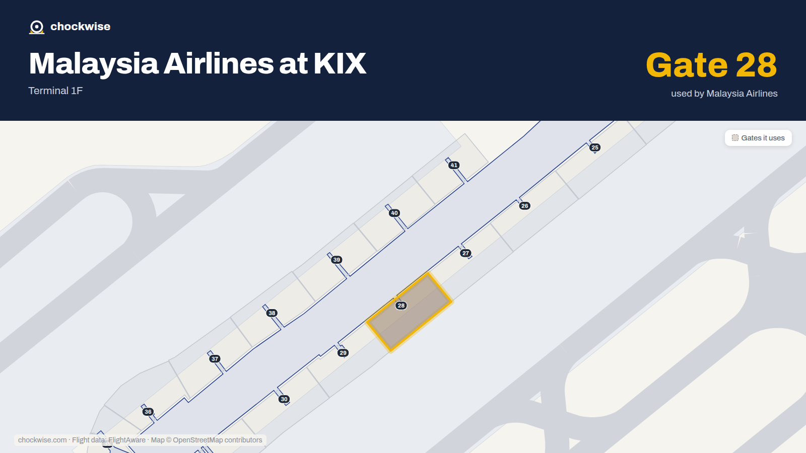 Map of KIX with the gates Malaysia Airlines uses highlighted: 28.