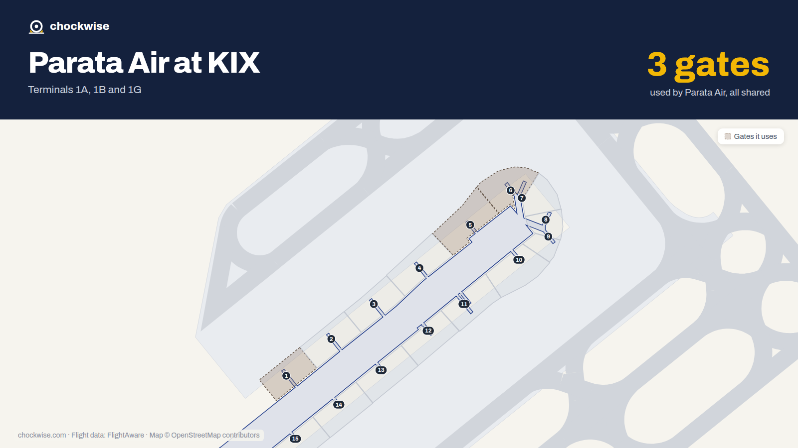 Map of KIX with the gates Parata Air uses highlighted: 1, 5 and 6.