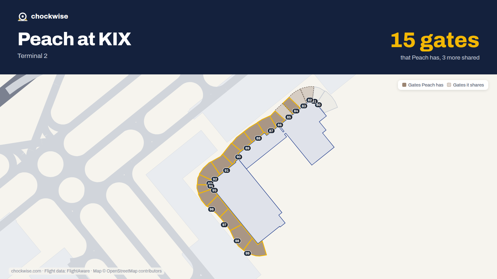 Map of KIX with the gates Peach Aviation uses highlighted: 84, 86, 87, 88, 89, 90, 91, 92 and 7 more.