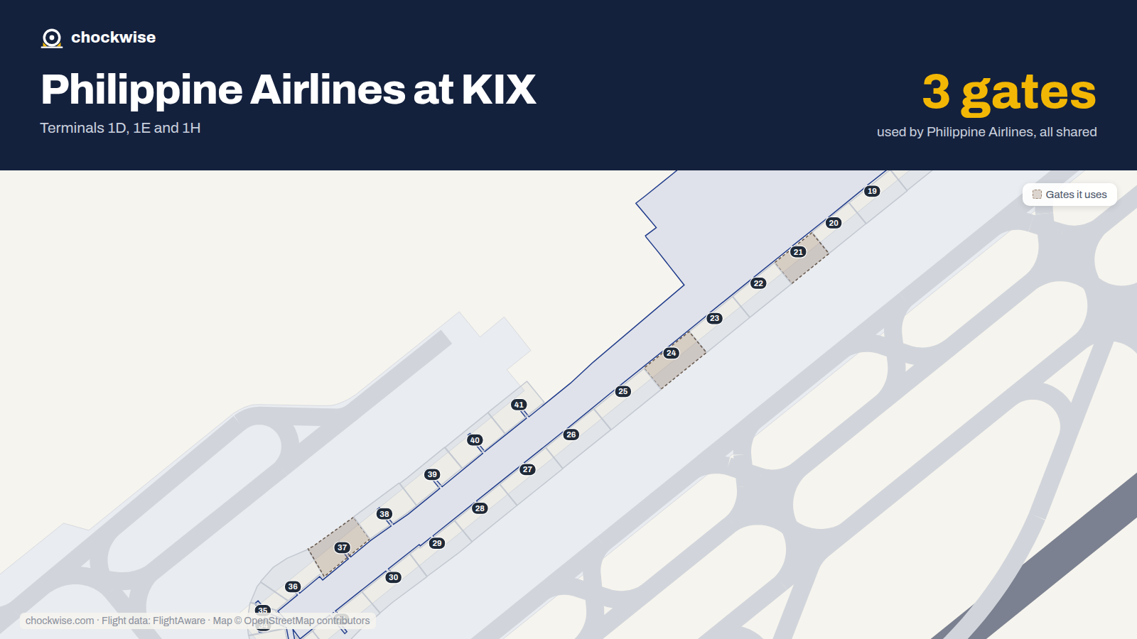 Map of KIX with the gates Philippine Airlines uses highlighted: 21, 24 and 37.