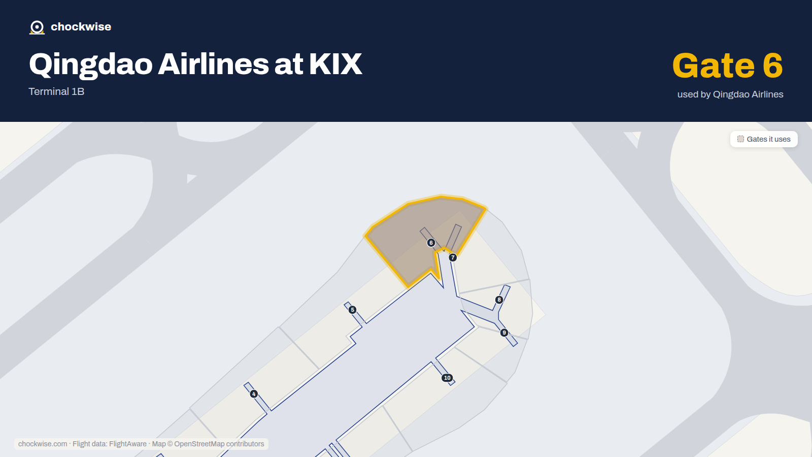 Map of KIX with the gates Qingdao Airlines uses highlighted: 6.