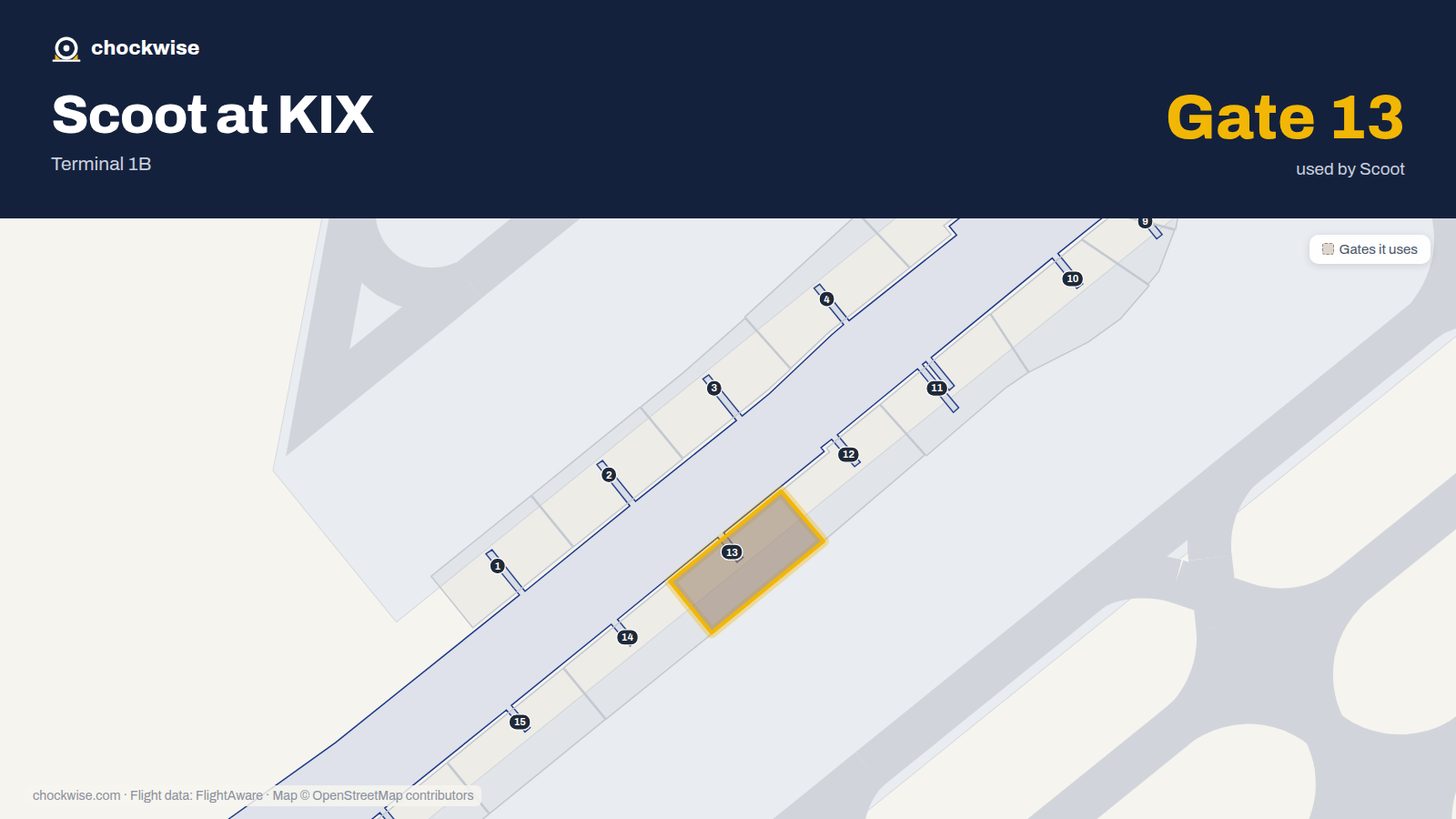 Map of KIX with the gates Scoot uses highlighted: 13.