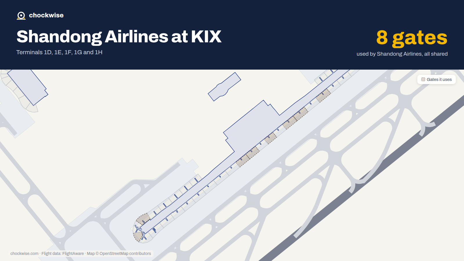 Map of KIX with the gates Shandong Airlines uses highlighted: 15, 17, 18, 20, 22, 23, 33 and 36.
