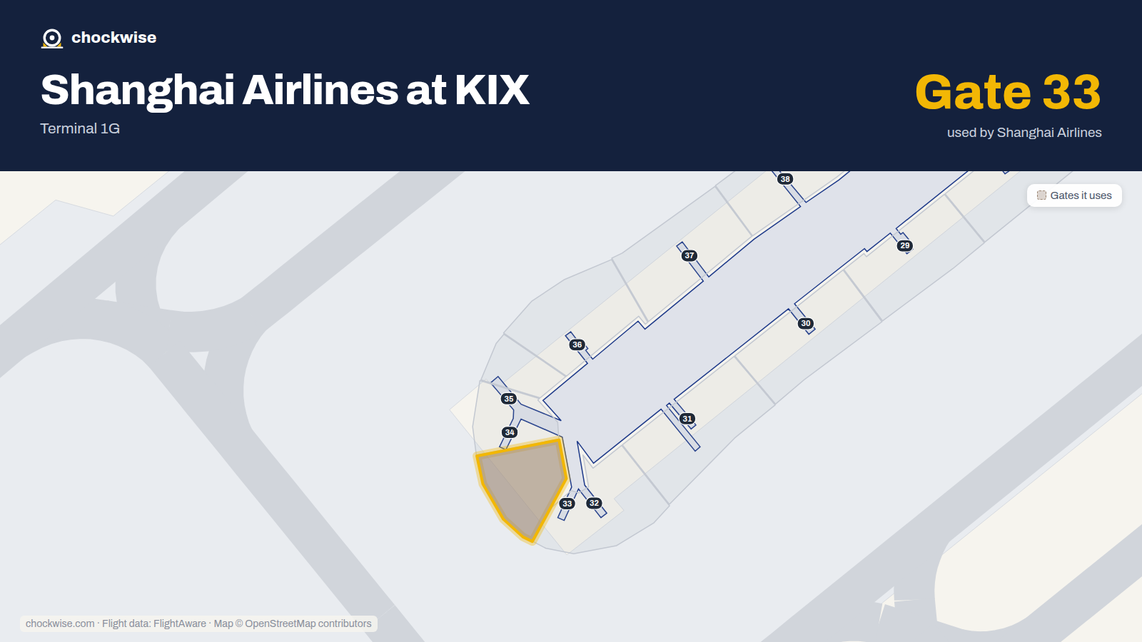Map of KIX with the gates Shanghai Airlines uses highlighted: 33.