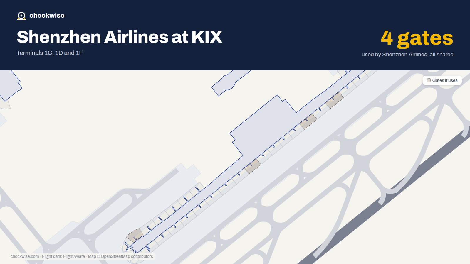 Map of KIX with the gates Shenzhen Airlines uses highlighted: 16, 18, 23 and 36.