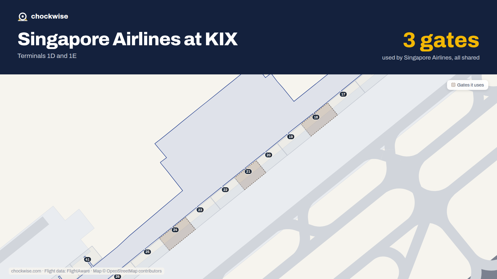 Map of KIX with the gates Singapore Airlines uses highlighted: 18, 21 and 24.