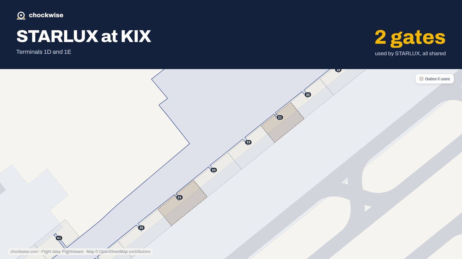 Map of KIX with the gates STARLUX Airlines uses highlighted: 21 and 24.