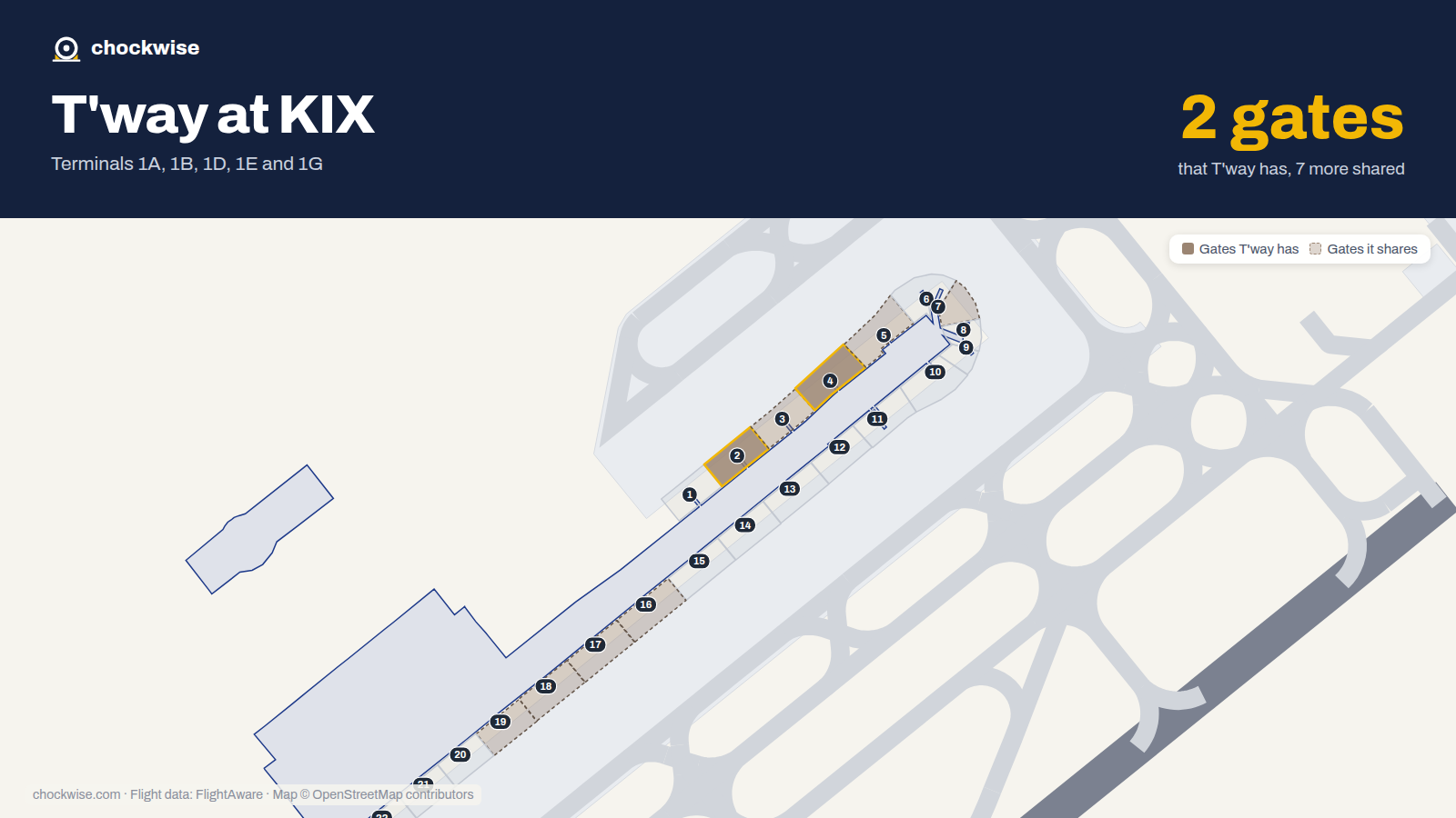 Map of KIX with the gates T'way Air uses highlighted: 2 and 4.
