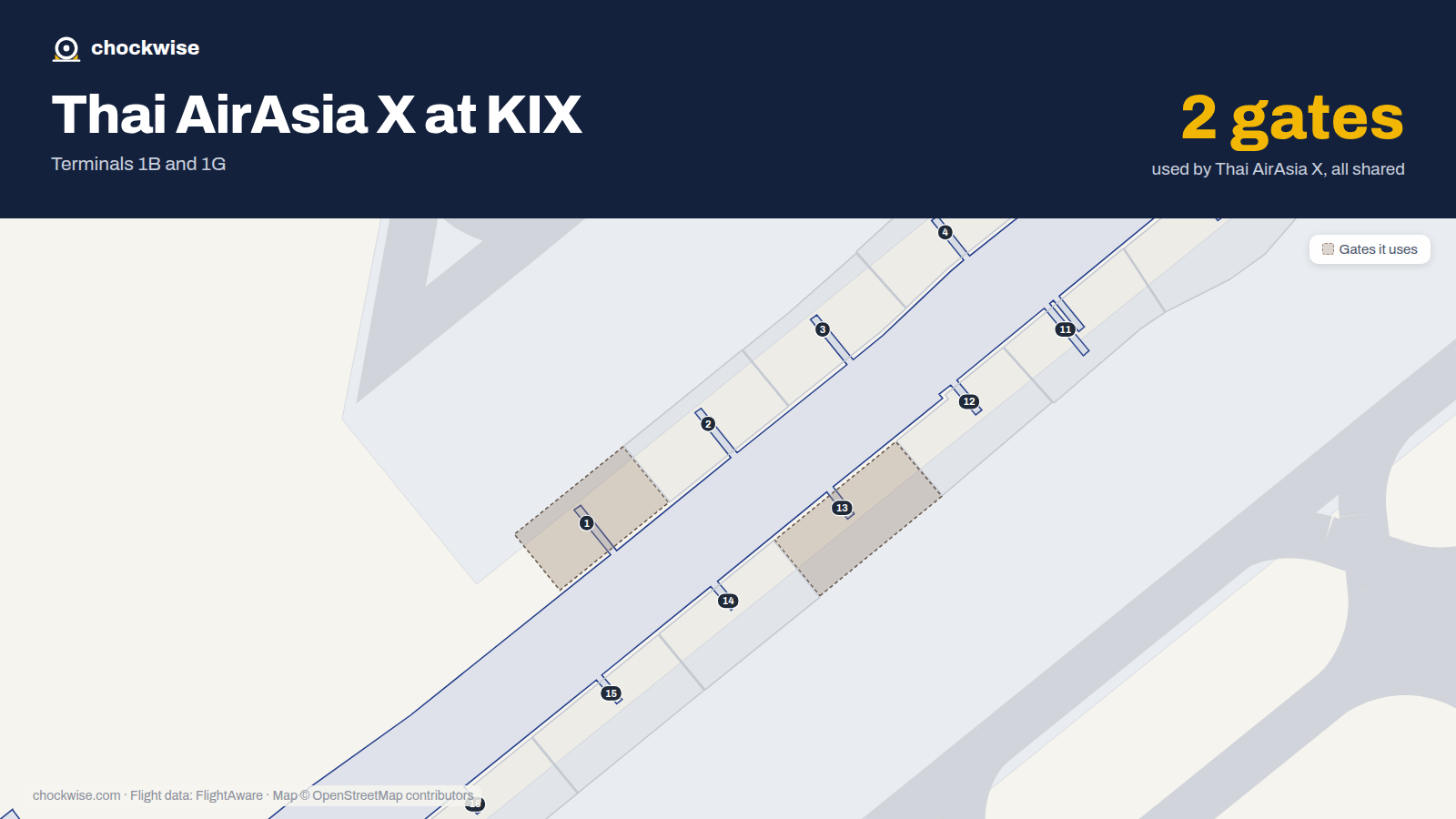 Map of KIX with the gates Thai AirAsia X uses highlighted: 1 and 13.