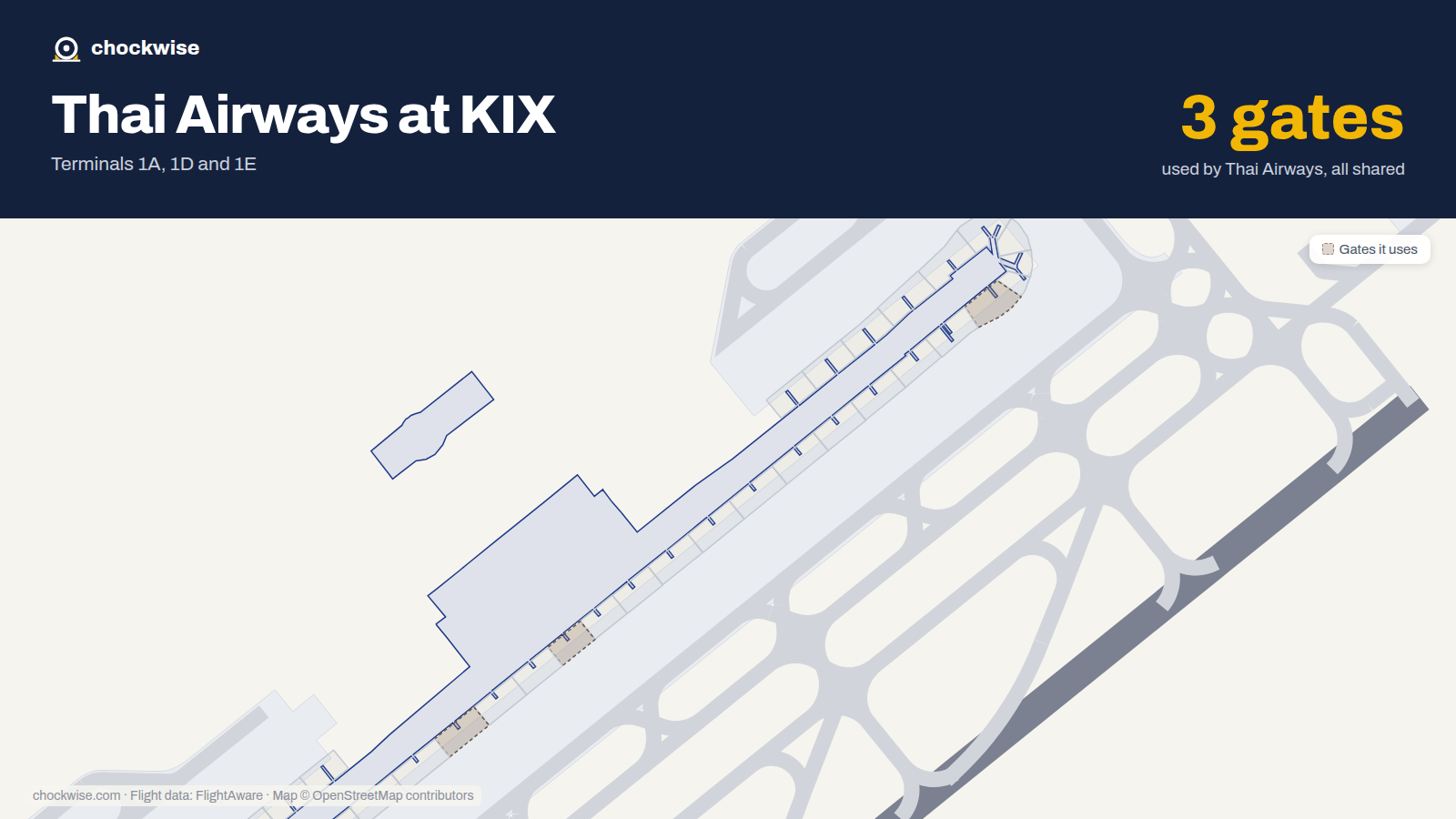 Map of KIX with the gates Thai Airways uses highlighted: 10, 21 and 24.