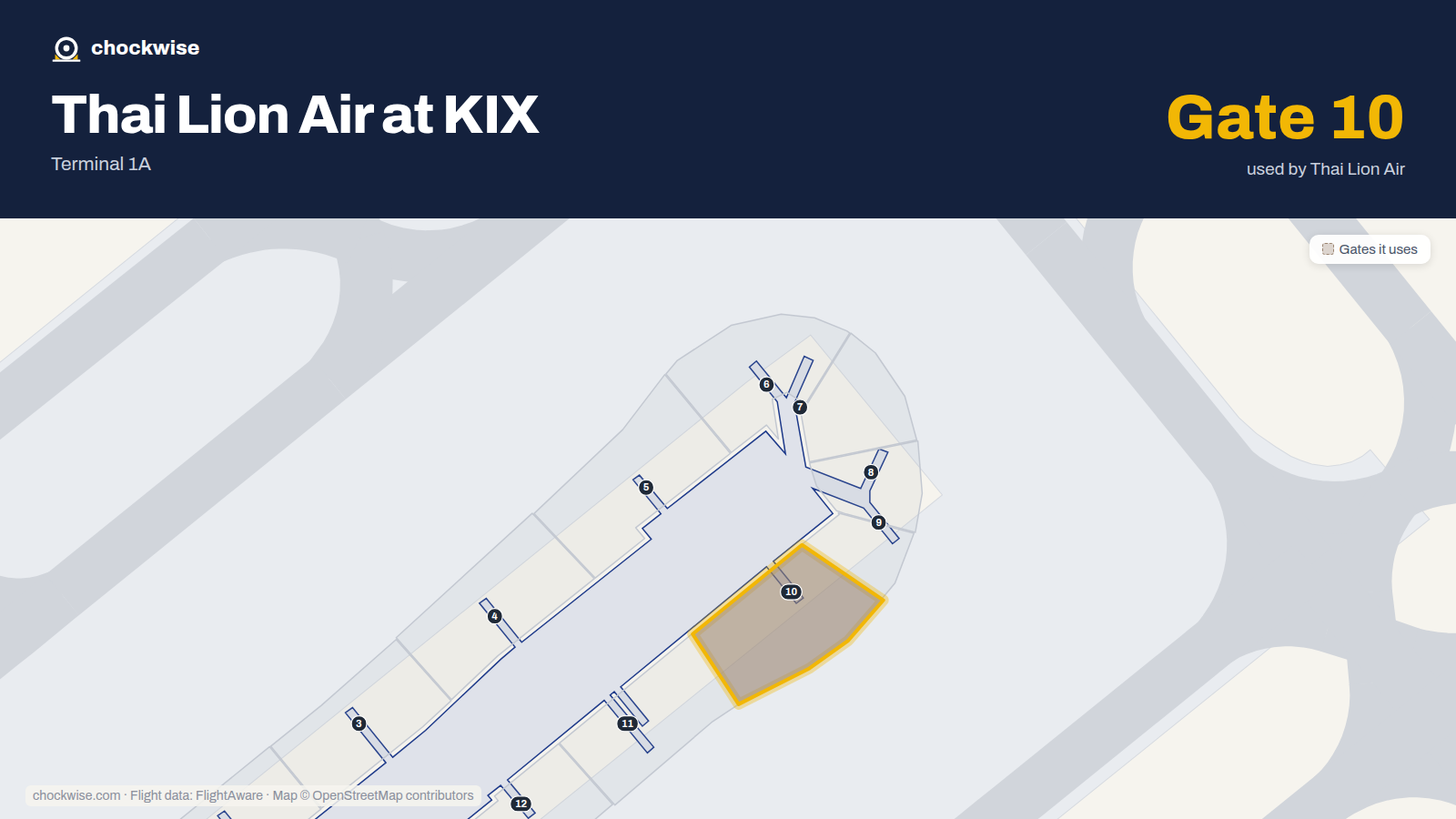 Map of KIX with the gates Thai Lion Air uses highlighted: 10.
