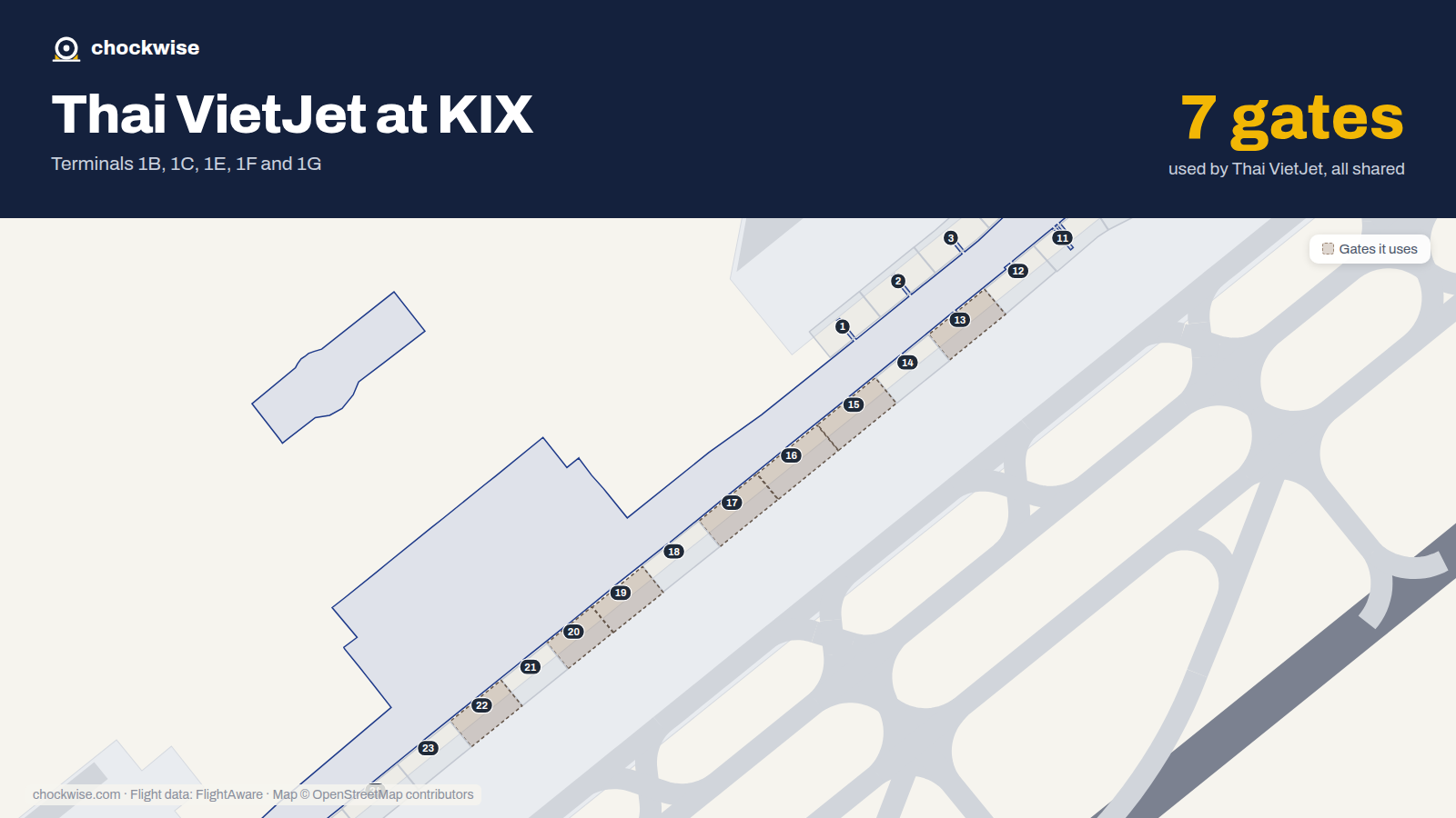 Map of KIX with the gates Thai VietJet Air uses highlighted: 13, 15, 16, 17, 19, 20 and 22.