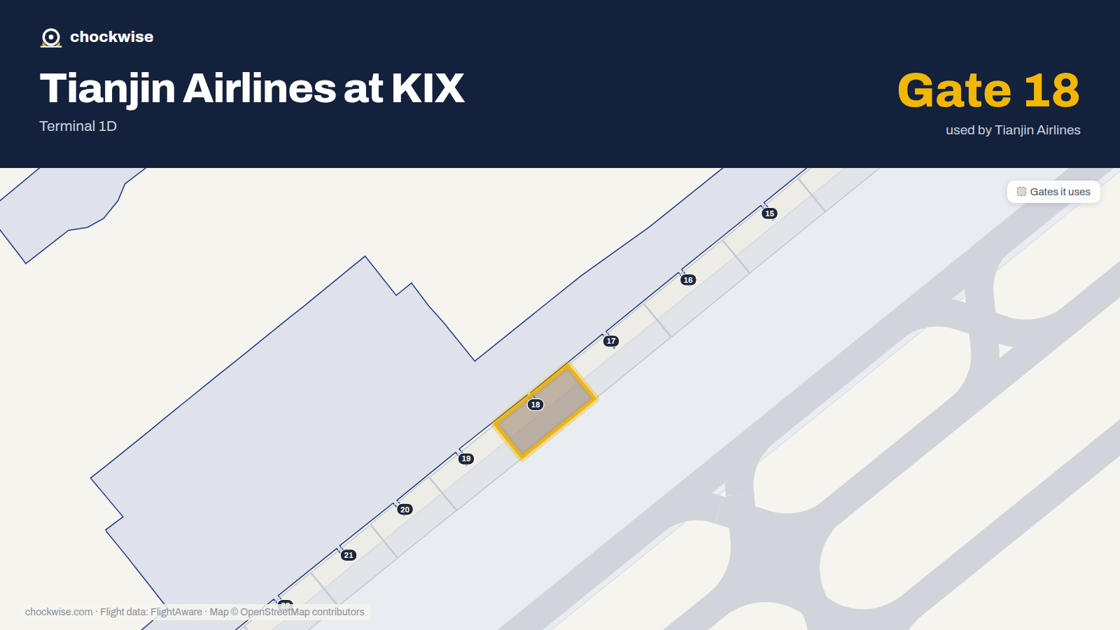 Map of KIX with the gates Tianjin Airlines uses highlighted: 18.