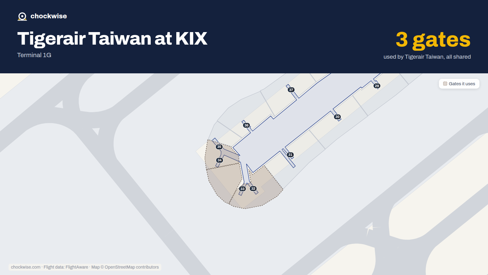 Map of KIX with the gates Tigerair Taiwan uses highlighted: 32, 33 and 34.