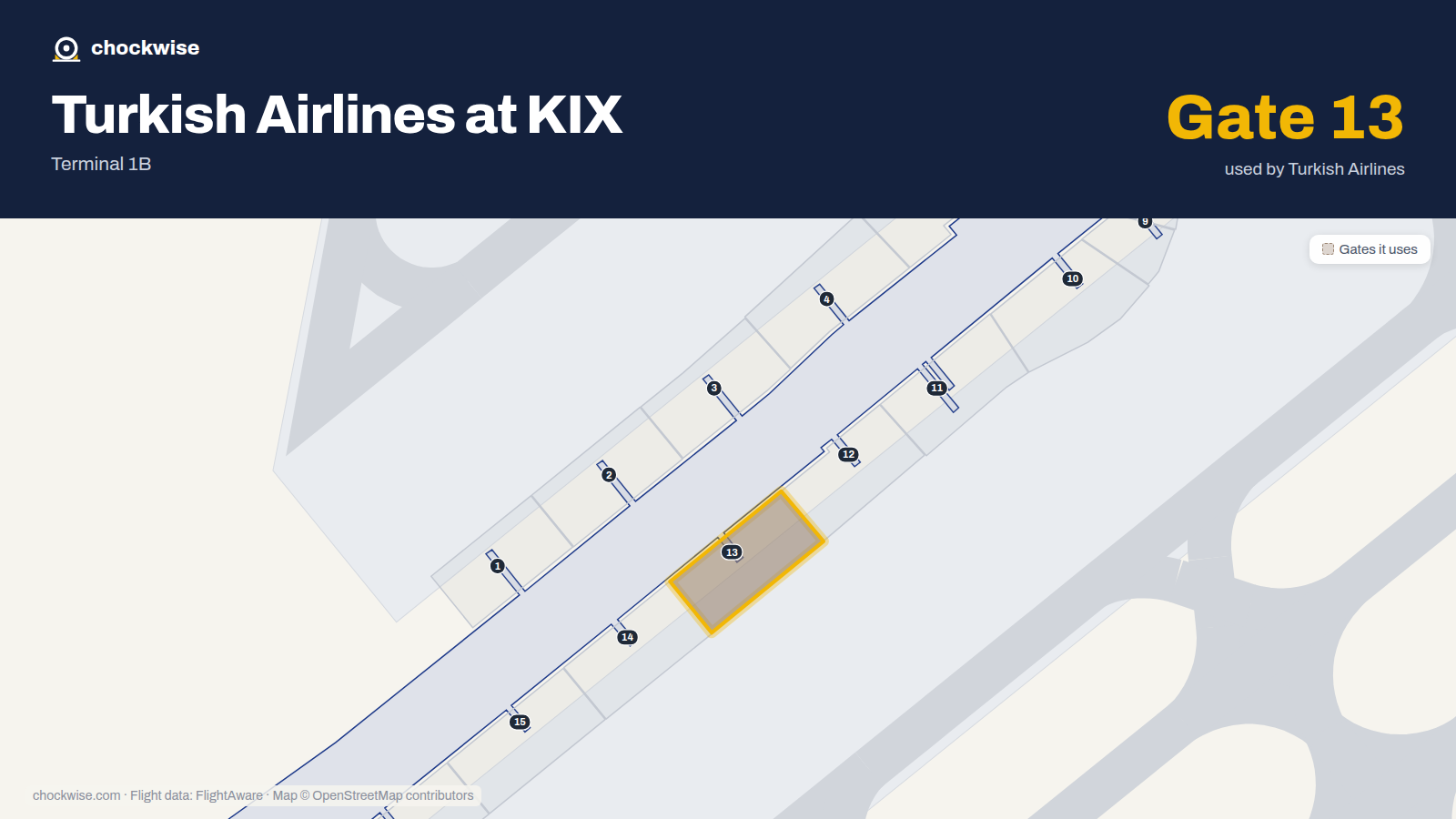 Map of KIX with the gates Turkish Airlines uses highlighted: 13.