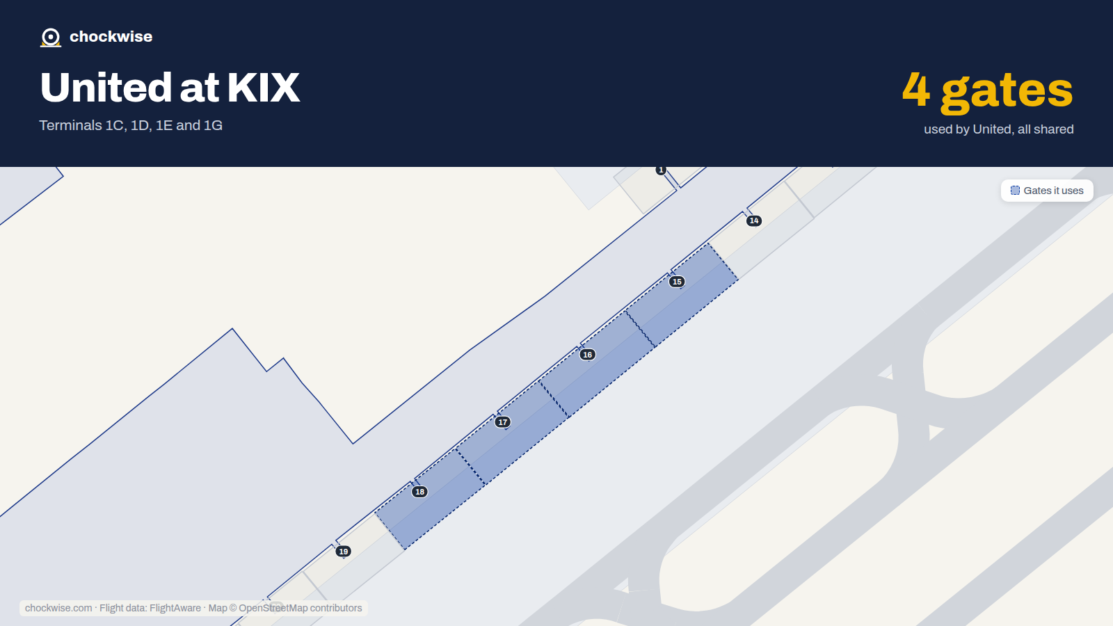 Map of KIX with the gates United Airlines uses highlighted: 15, 16, 17 and 18.
