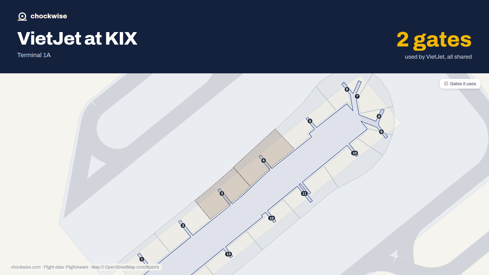 Map of KIX with the gates VietJet Air uses highlighted: 3 and 4.