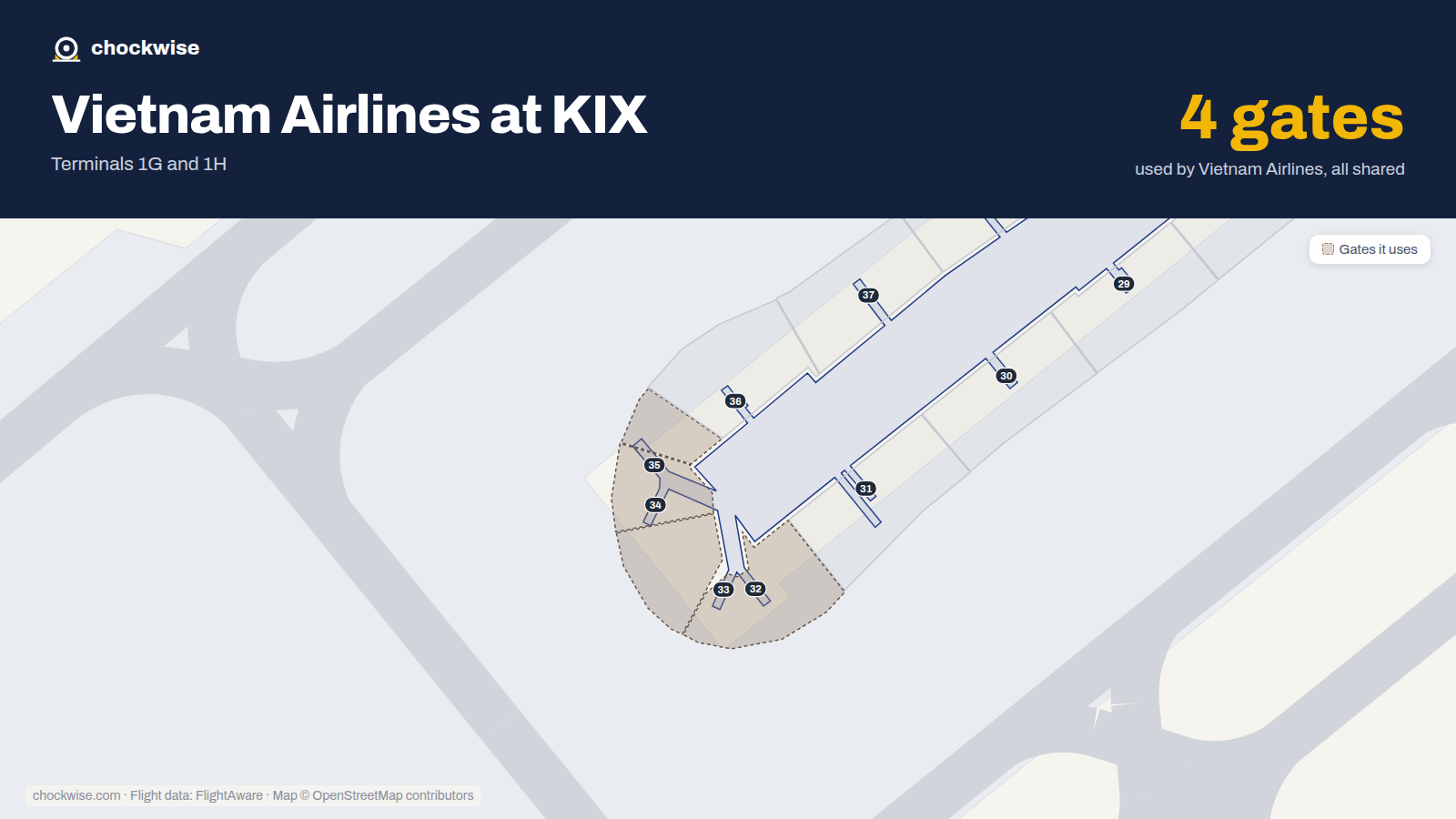 Map of KIX with the gates Vietnam Airlines uses highlighted: 32, 33, 34 and 35.