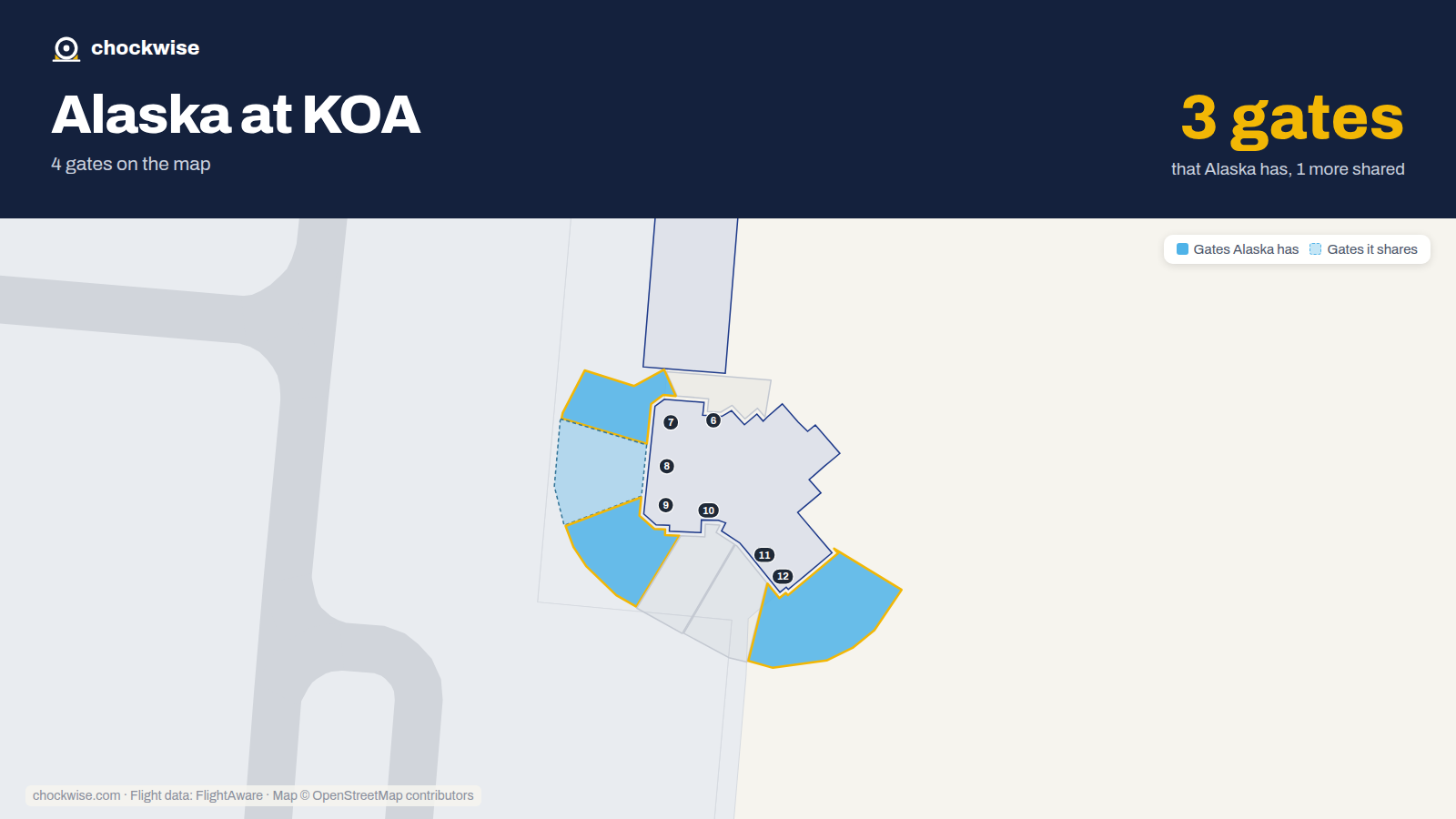 Map of KOA with the gates Alaska Airlines uses highlighted: 7, 9 and 12.