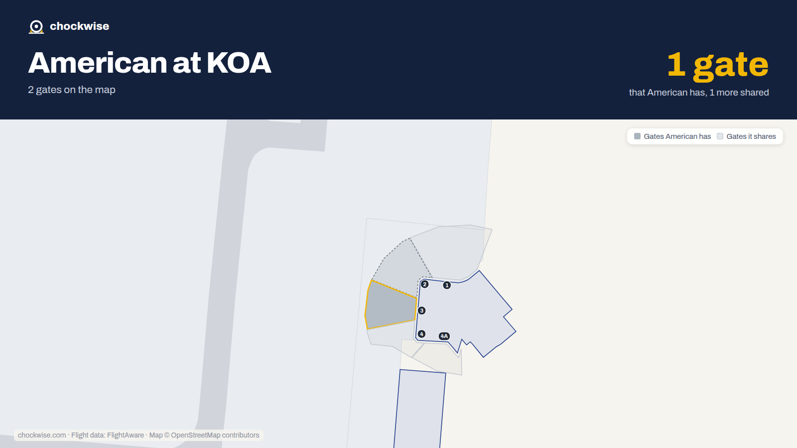 Map of KOA with the gates American Airlines uses highlighted: 3.