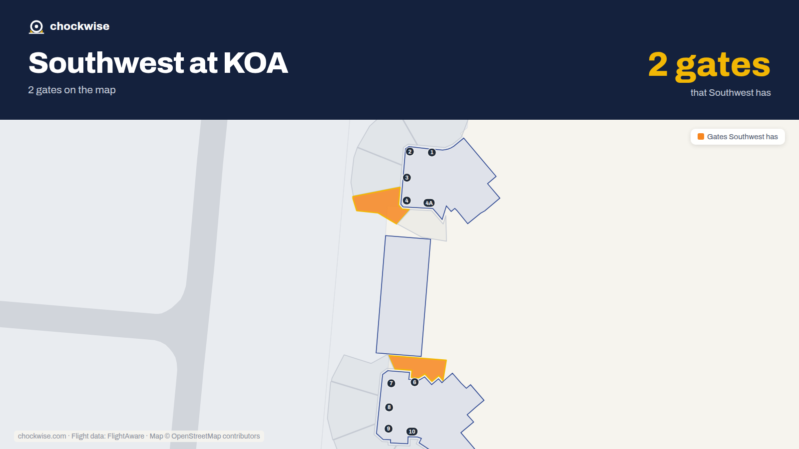 Map of KOA with the gates Southwest Airlines uses highlighted: 4 and 6.