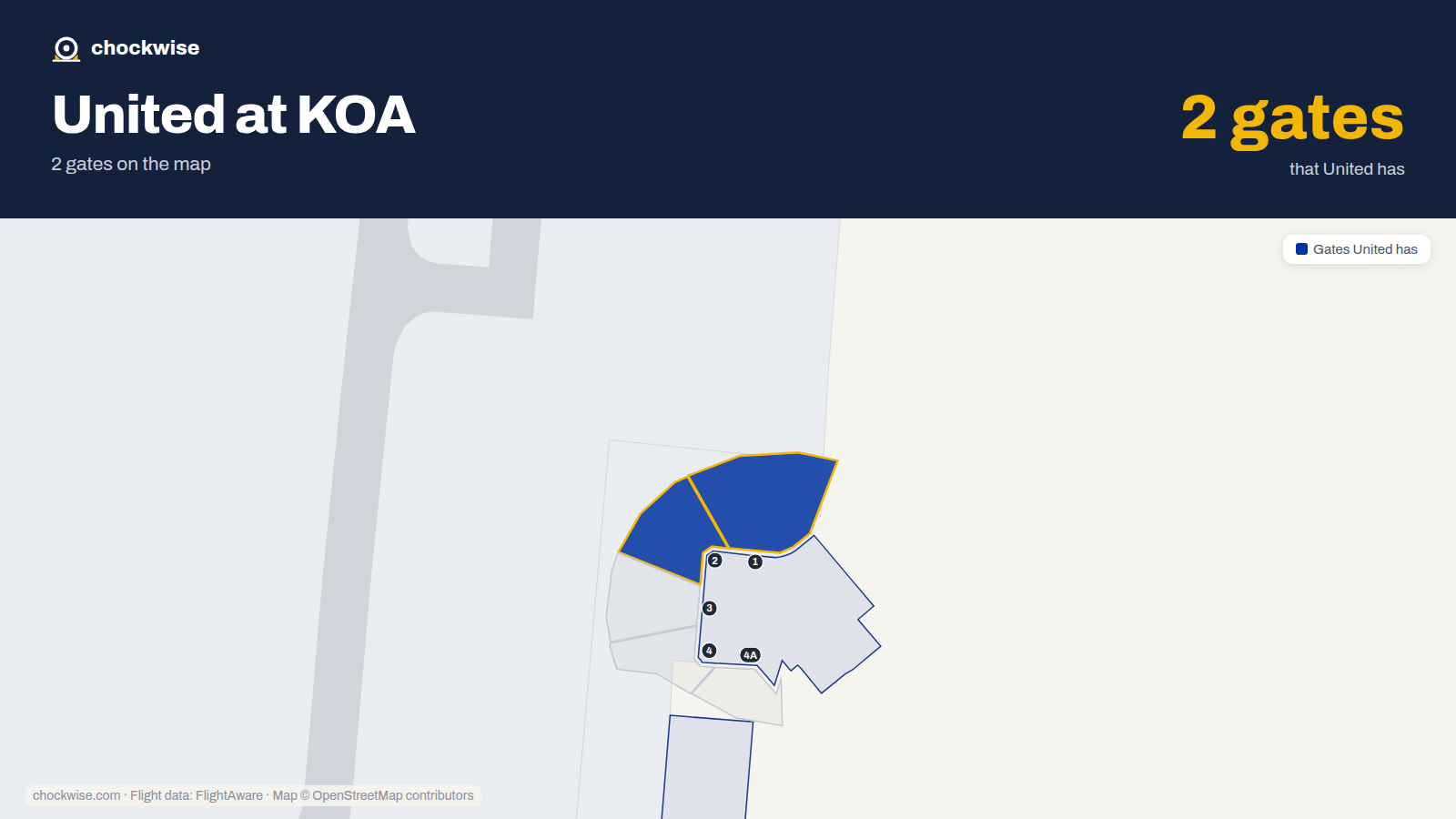 Map of KOA with the gates United Airlines uses highlighted: 1 and 2.