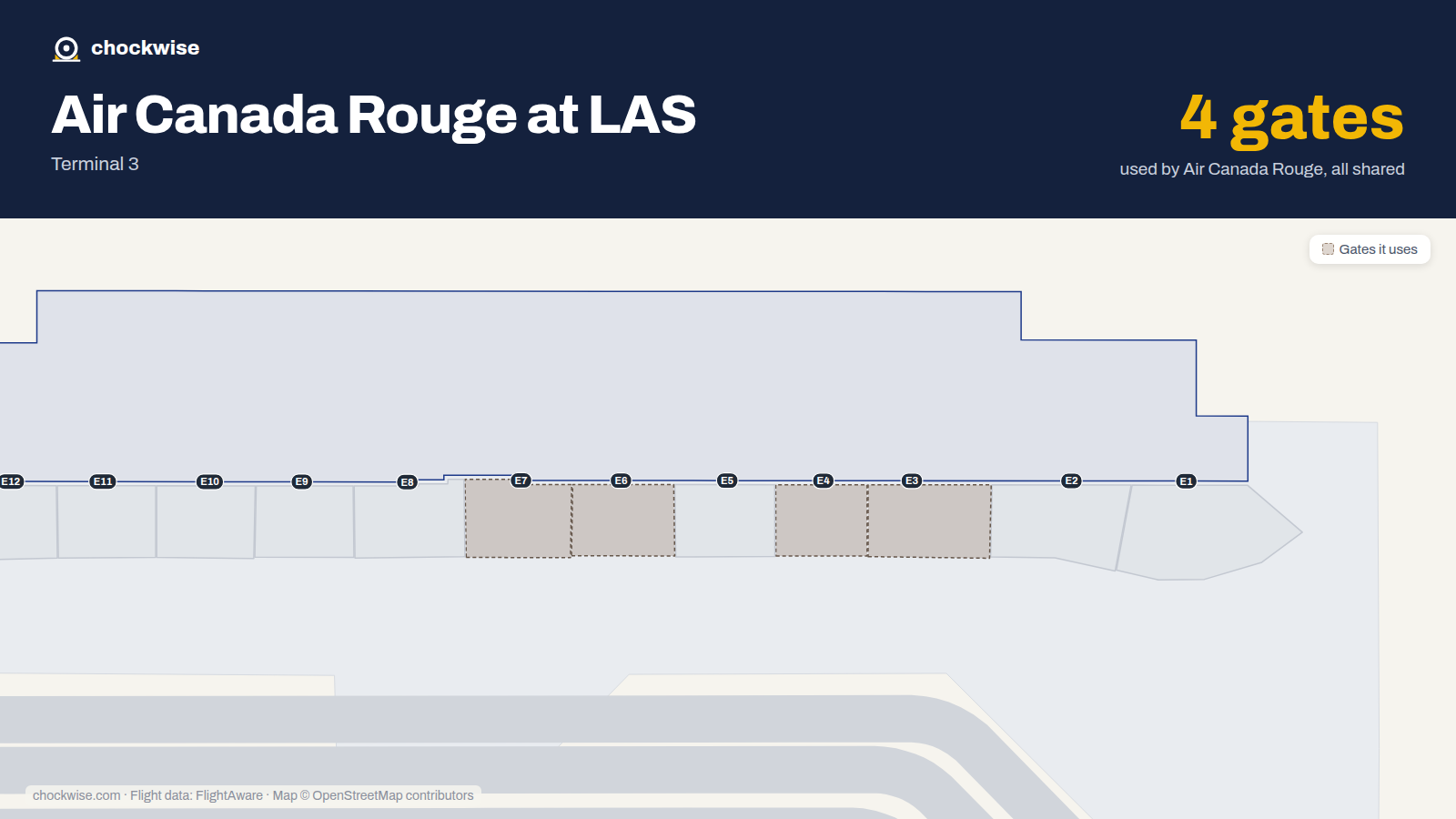 Map of LAS with the gates Air Canada Rouge uses highlighted: E3, E4, E6 and E7.