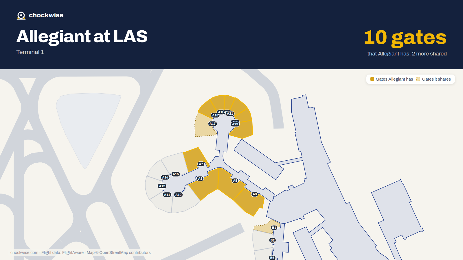 Map of LAS with the gates Allegiant Air uses highlighted: A3, A5, A7, A8, A18, A19, A20, A21 and 2 more.