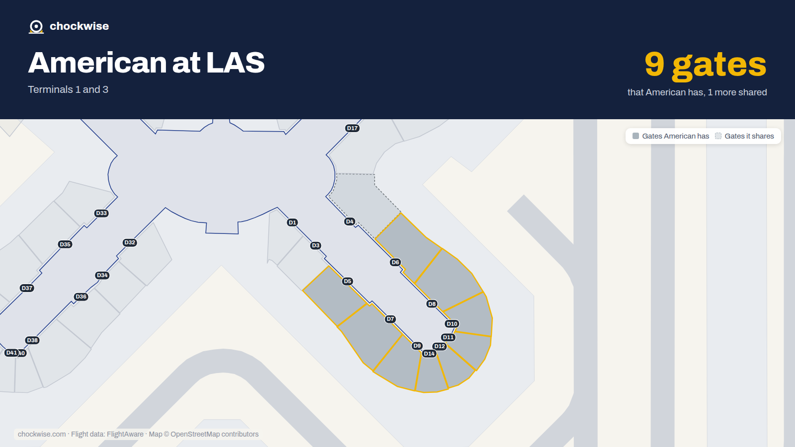Map of LAS with the gates American Airlines uses highlighted: D5, D6, D7, D8, D9, D10, D11, D12 and 1 more.