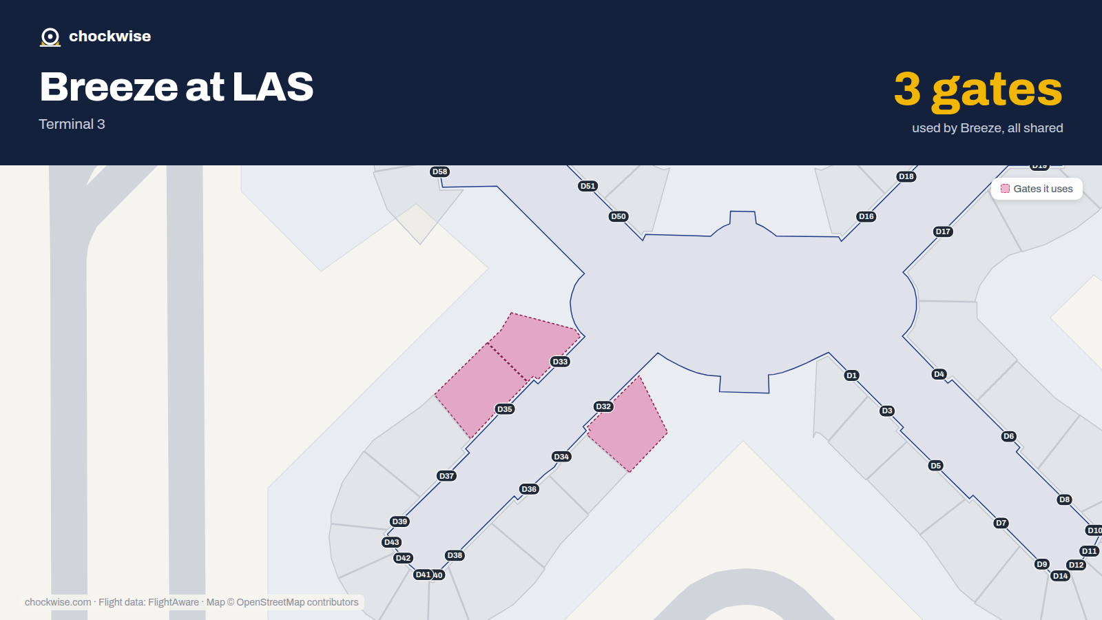 Map of LAS with the gates Breeze Airways uses highlighted: D32, D33 and D35.