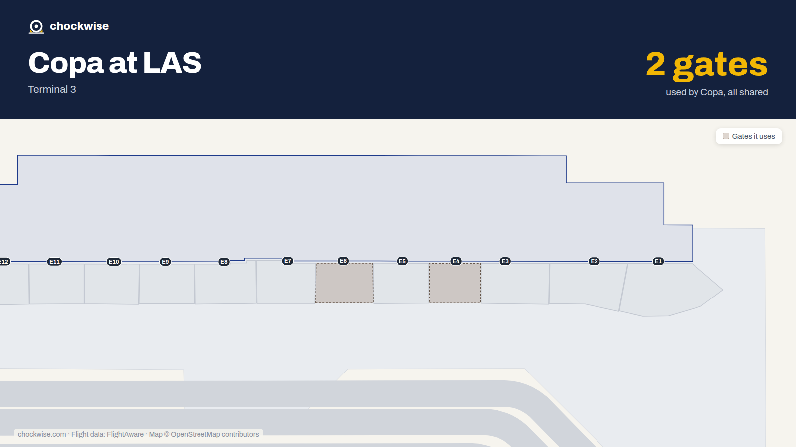 Map of LAS with the gates Copa Airlines uses highlighted: E4 and E6.