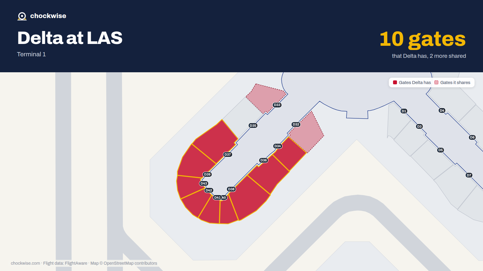 Map of LAS with the gates Delta Air Lines uses highlighted: D34, D36, D37, D38, D39, D40, D41, D42 and 1 more.