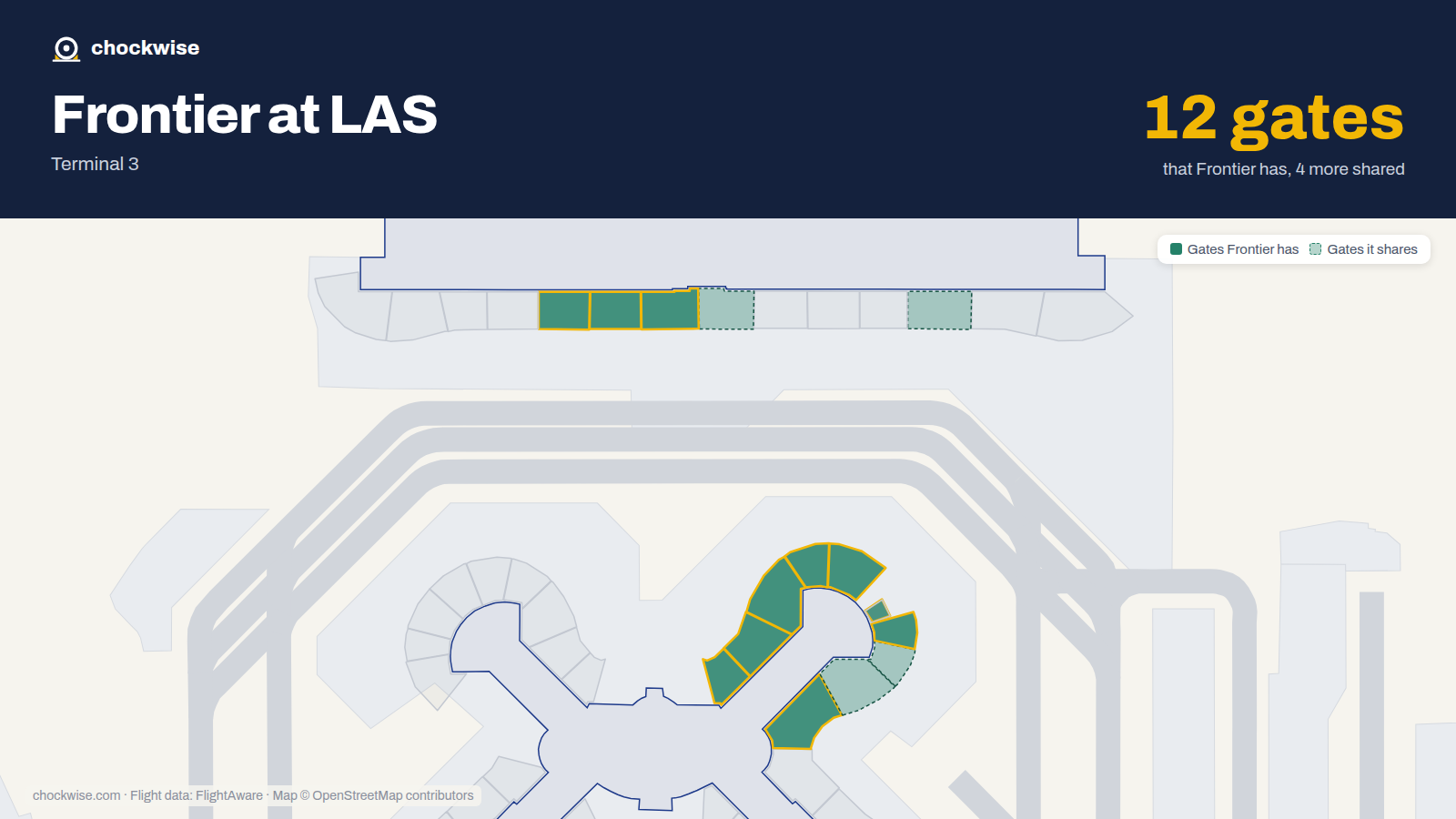 Map of LAS with the gates Frontier Airlines uses highlighted: E8, E9, E10, D16, D17, D18, D21, D22 and 3 more.