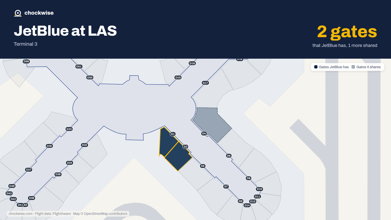 Map of LAS with the gates JetBlue uses highlighted: D1 and D3.