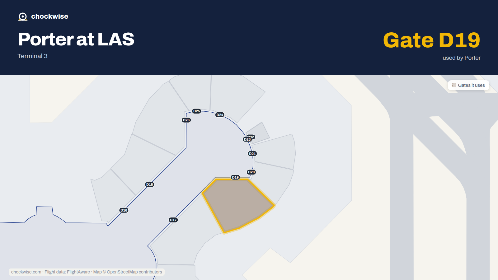 Map of LAS with the gates Porter Airlines uses highlighted: D19.