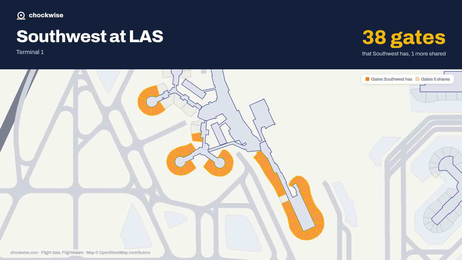 Map of LAS with the gates Southwest Airlines uses highlighted: C1, C2, C3, C4, C5, B6, C7, C8 and 30 more.