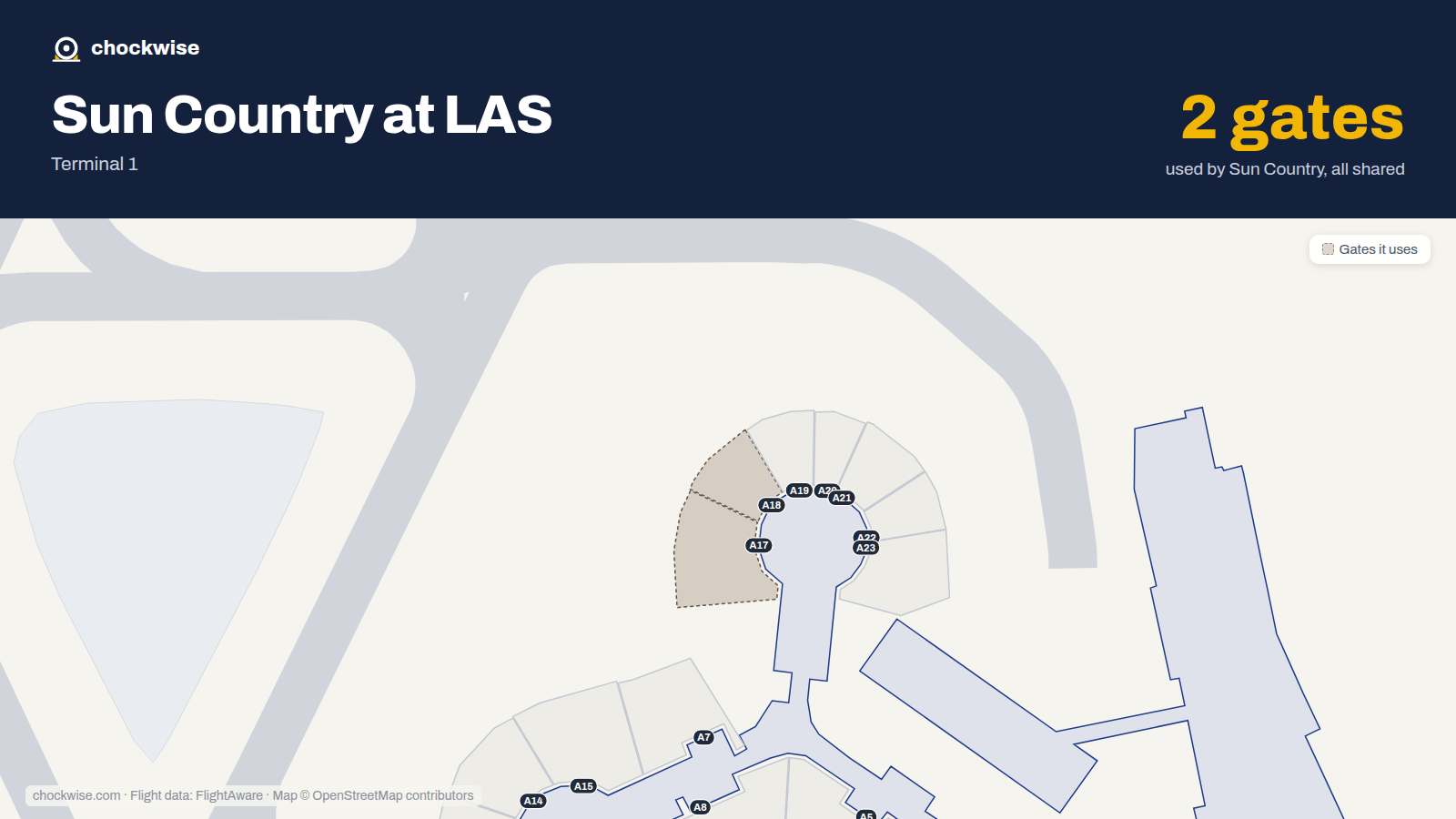 Map of LAS with the gates Sun Country Airlines uses highlighted: A17 and A18.