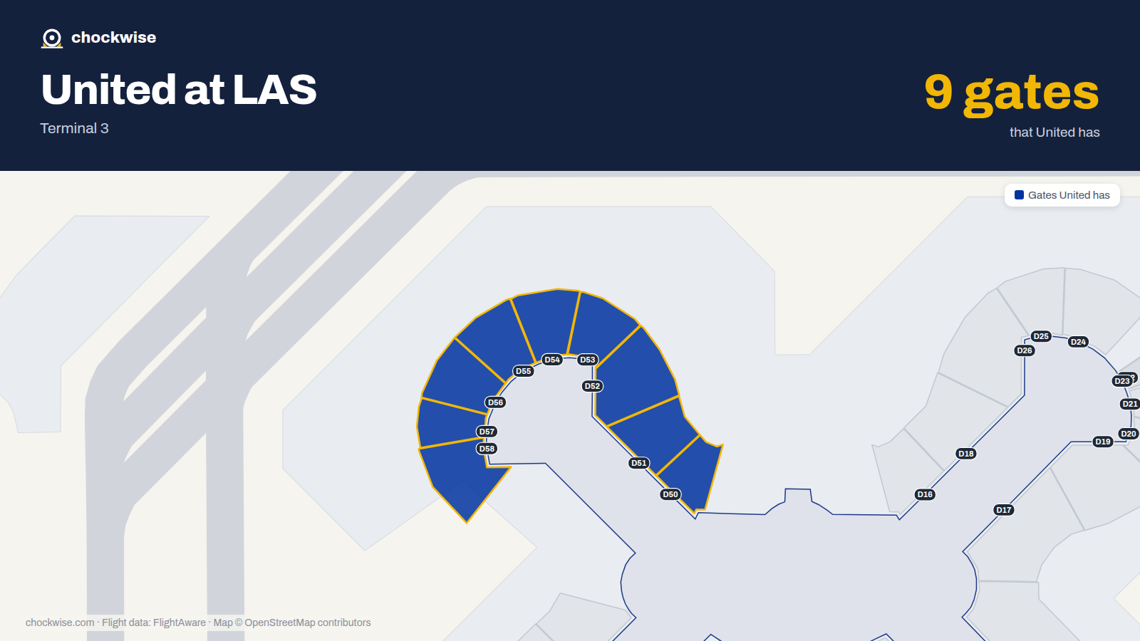 Map of LAS with the gates United Airlines uses highlighted: D50, D51, D52, D53, D54, D55, D56, D57 and 1 more.