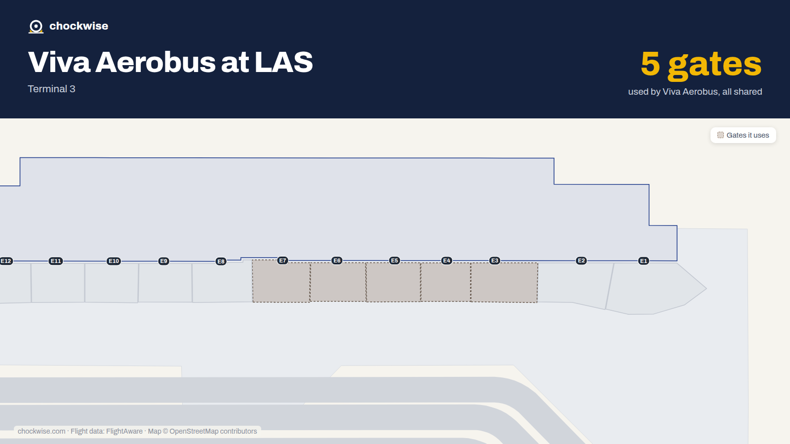 Map of LAS with the gates Viva Aerobus uses highlighted: E3, E4, E5, E6 and E7.