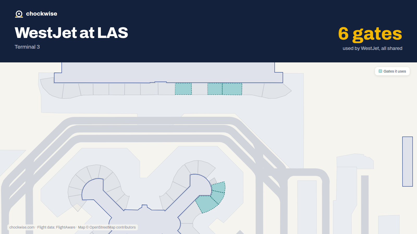 Map of LAS with the gates WestJet uses highlighted: E3, E4, E6, D19, D20 and D21.