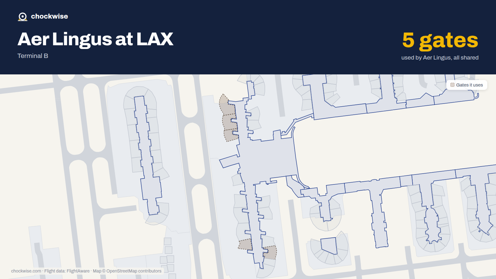 Map of LAX with the gates Aer Lingus uses highlighted: 130, 132, 134, 156 and 157.