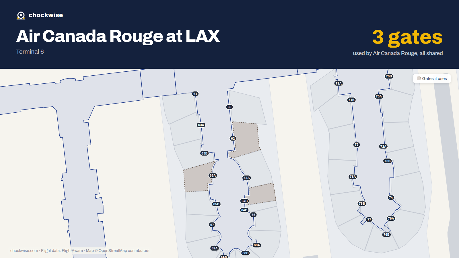 Map of LAX with the gates Air Canada Rouge uses highlighted: 62, 64B and 65A.