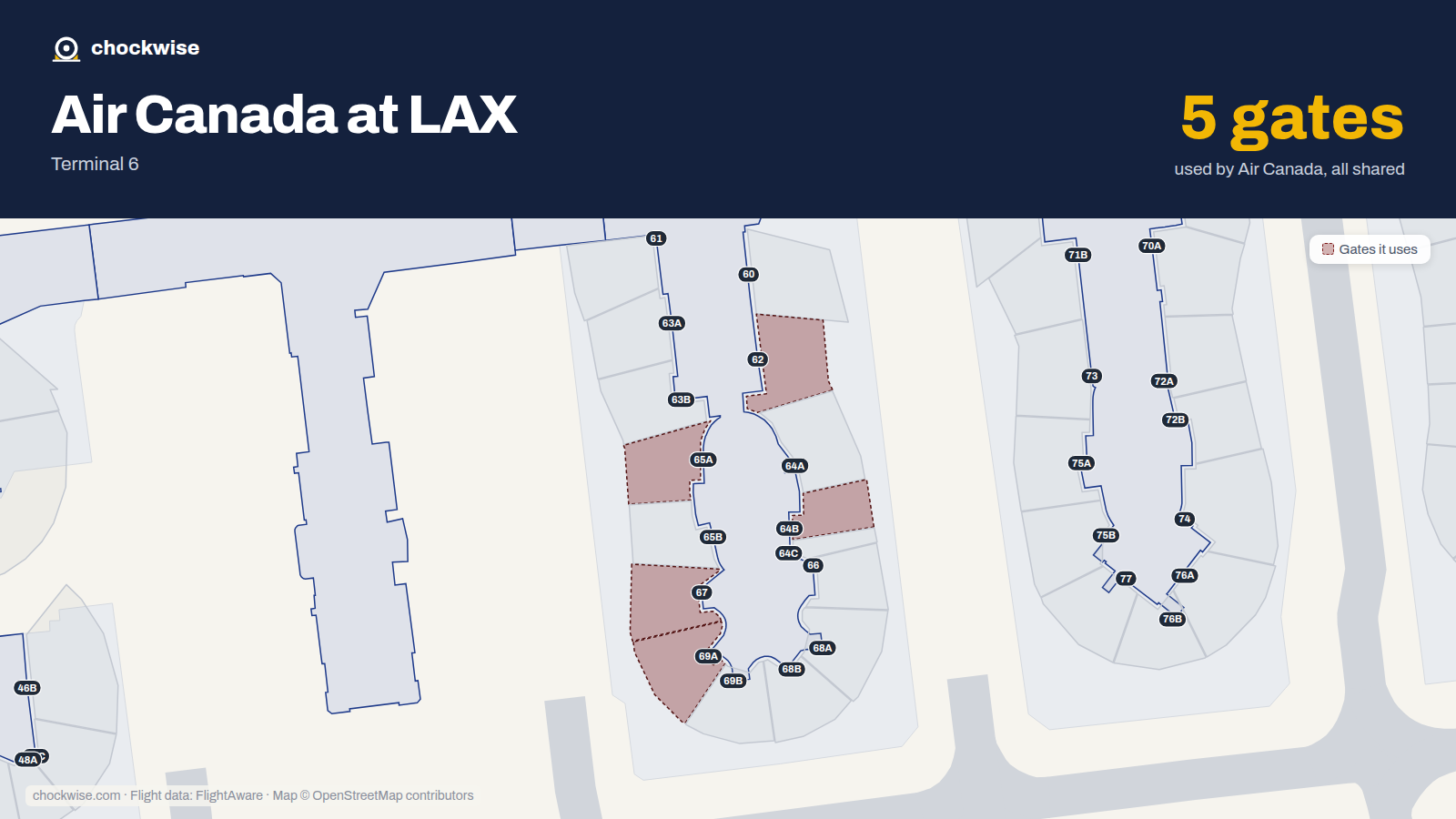 Map of LAX with the gates Air Canada uses highlighted: 62, 64B, 65A, 67 and 69A.