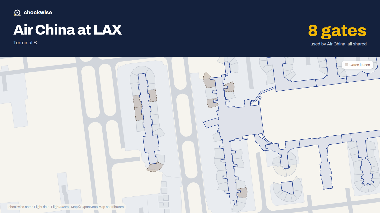 Map of LAX with the gates Air China uses highlighted: 130, 133, 134, 157, 204, 206, 207 and 225.