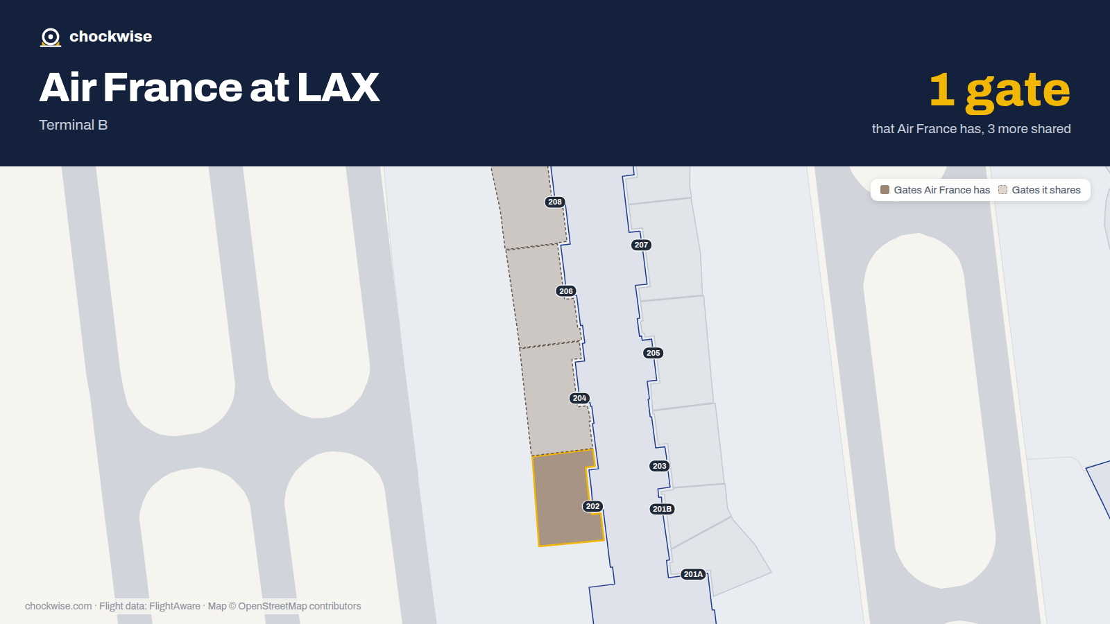Map of LAX with the gates Air France uses highlighted: 202.
