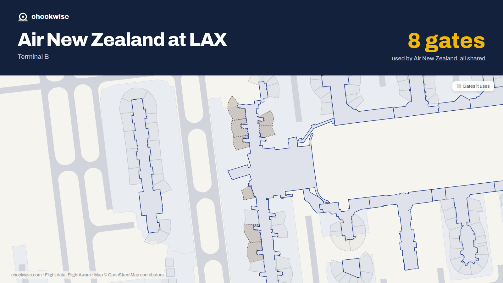 Map of LAX with the gates Air New Zealand uses highlighted: 130, 131, 132, 133, 134, 148, 152 and 154.